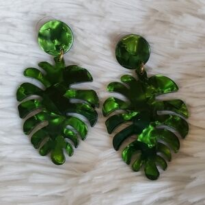 NEW Large Green Resin Monstera Leaf Earrings